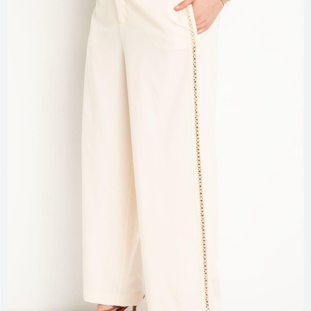 Chic Cream Wide-Leg Pants with Crochet Side Seam